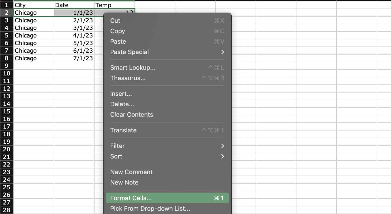 Format Cell Excel Menu Option on Mac